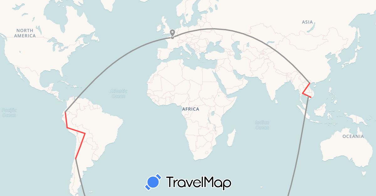 TravelMap itinerary: driving, plane, hiking in Bolivia, Chile, Ecuador, France, Cambodia, Peru, Thailand (Asia, Europe, South America)